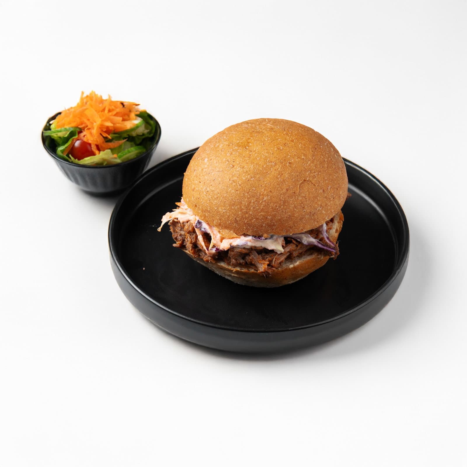 BBQ Shredded Beef Sandwich with Side Salad and Coleslaw Salad