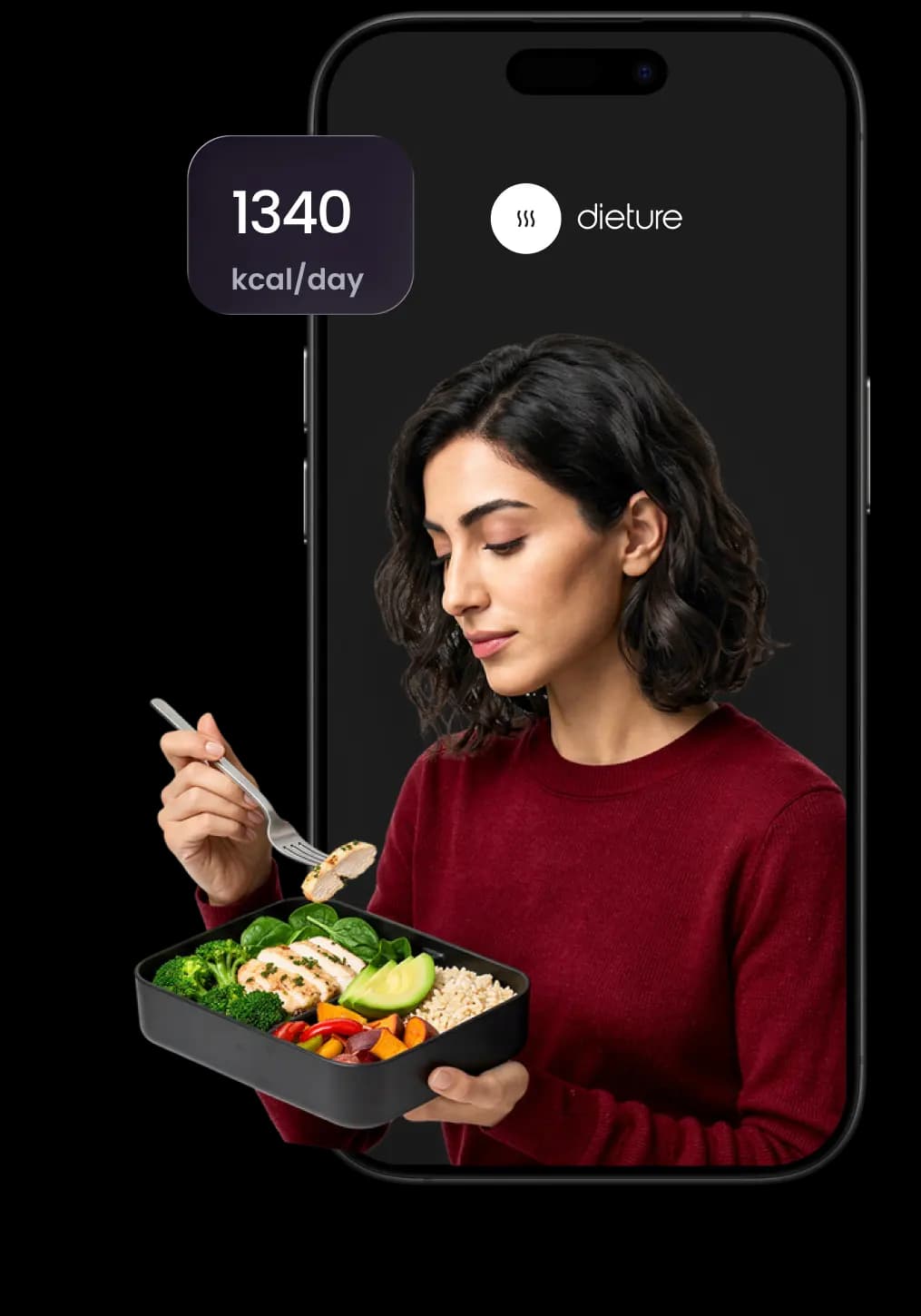 The Dieture app showing a 1340 kcal/day plan